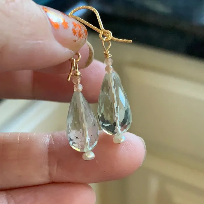 Green Amethyst Lantern Earrings Peach Moonstone and Pearl a Love Vintage Paris Earrings