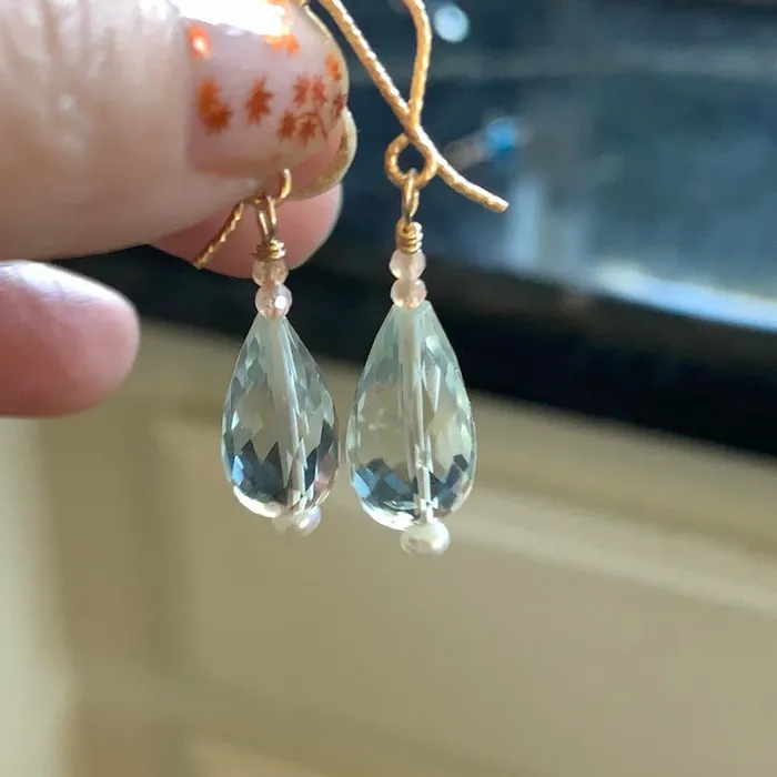 Green Amethyst Lantern Earrings Peach Moonstone and Pearl a Love Vintage Paris Earrings