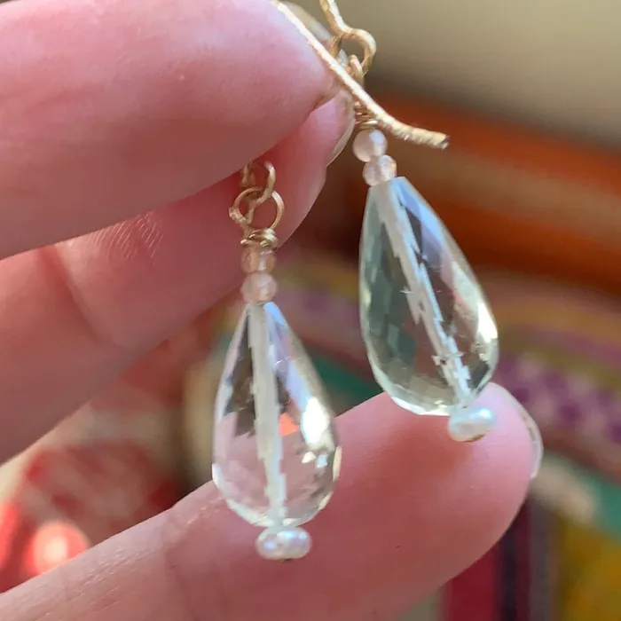 Green Amethyst Lantern Earrings Peach Moonstone and Pearl a Love Vintage Paris Earrings