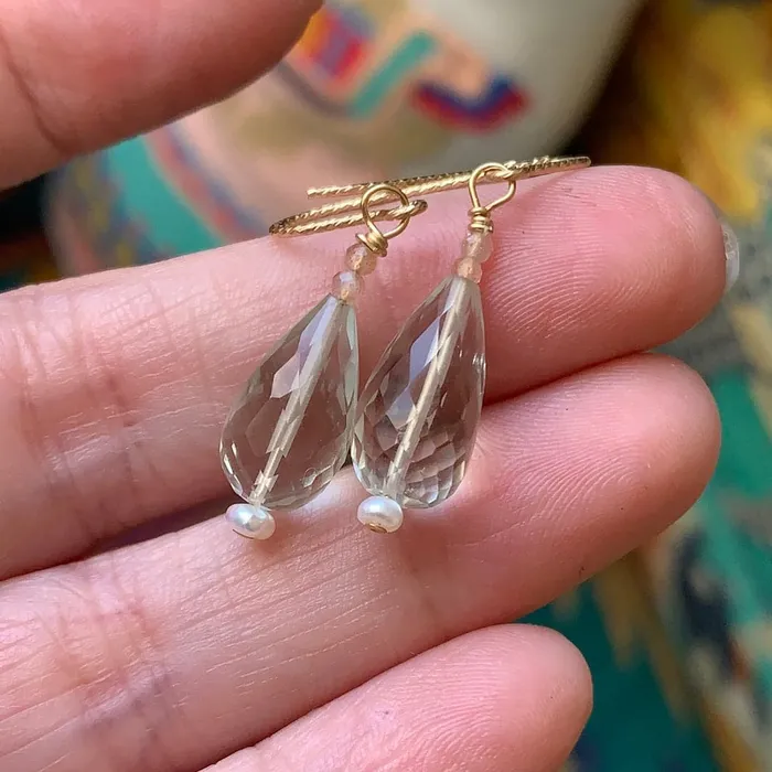 Green Amethyst Lantern Earrings Peach Moonstone and Pearl a Love Vintage Paris Earrings