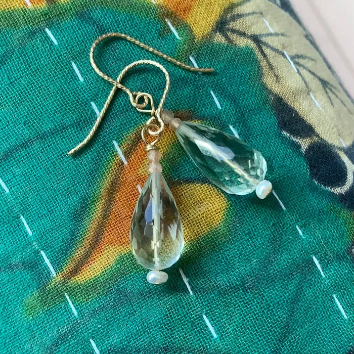 Green Amethyst Lantern Earrings Peach Moonstone and Pearl a Love Vintage Paris Earrings