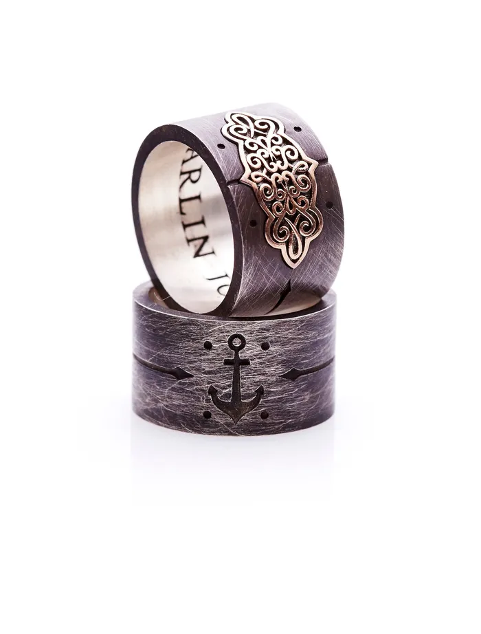Harlin Jones Rings Arabesque Marquise Pattern Ring 14ct Rose Gold Oxidized Silver