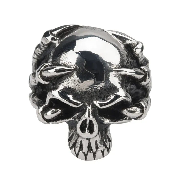 INOX JEWELRY Antiqued Silver Tone Stainless Steel ClawGrip Hallowed Jaw Skull Ring Rings