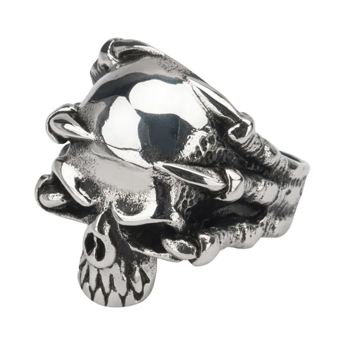 INOX JEWELRY Antiqued Silver Tone Stainless Steel ClawGrip Hallowed Jaw Skull Ring Rings