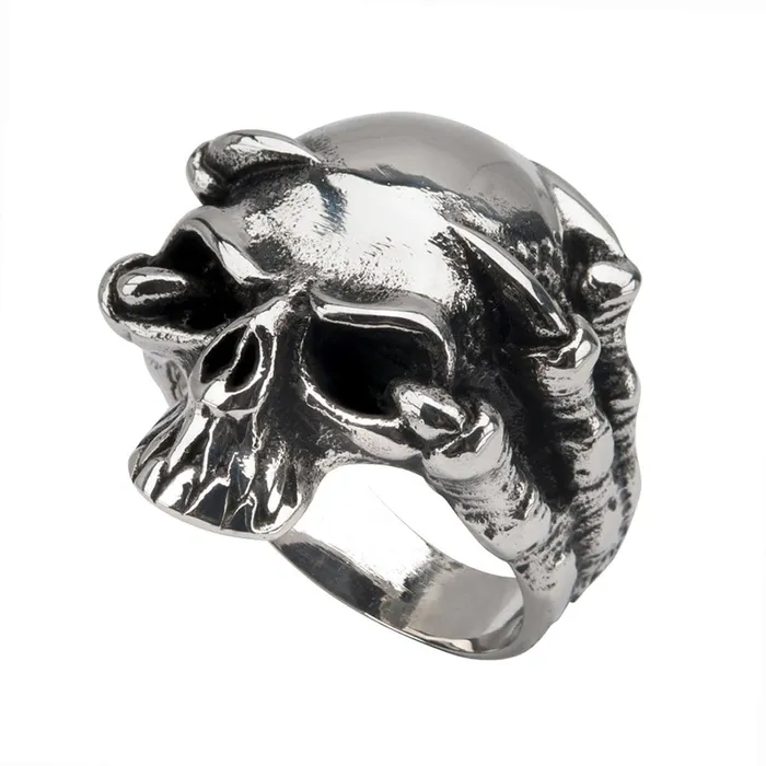INOX JEWELRY Antiqued Silver Tone Stainless Steel ClawGrip Hallowed Jaw Skull Ring Rings