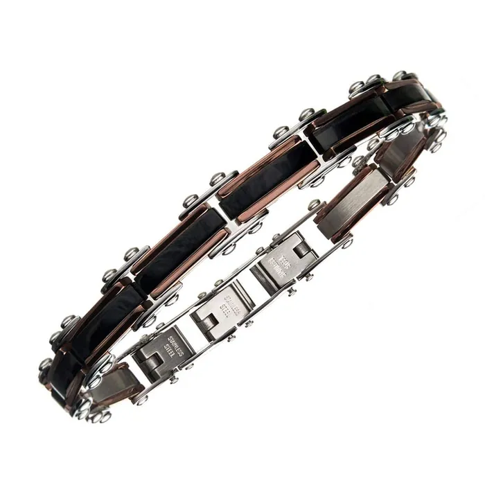 INOX JEWELRY Bracelets Black and Rose Tone Stainless Steel Reversible Block Pattern Adjustable Bracelet