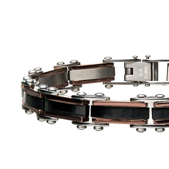 INOX JEWELRY Bracelets Black and Rose Tone Stainless Steel Reversible Block Pattern Adjustable Bracelet