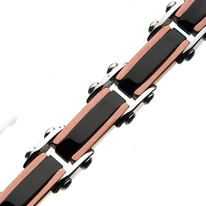 INOX JEWELRY Bracelets Black and Rose Tone Stainless Steel Reversible Block Pattern Adjustable Bracelet