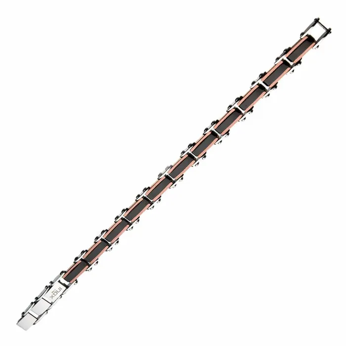 INOX JEWELRY Bracelets Black and Rose Tone Stainless Steel Reversible Block Pattern Adjustable Bracelet