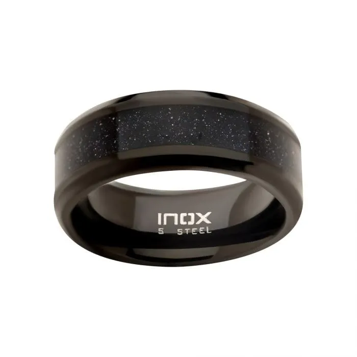INOX JEWELRY Rings Black Stainless Steel with Genuine Blue Sandstone Inlay Band Ring