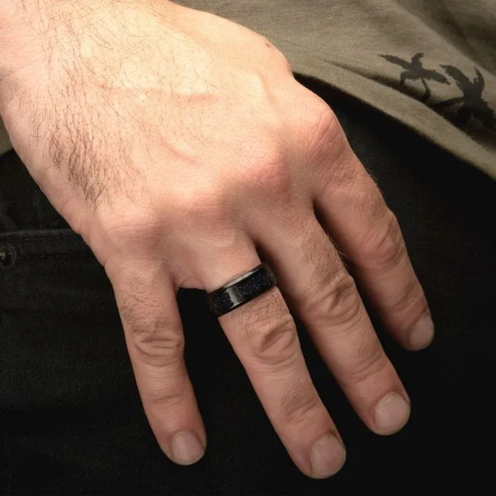 INOX JEWELRY Rings Black Stainless Steel with Genuine Blue Sandstone Inlay Band Ring
