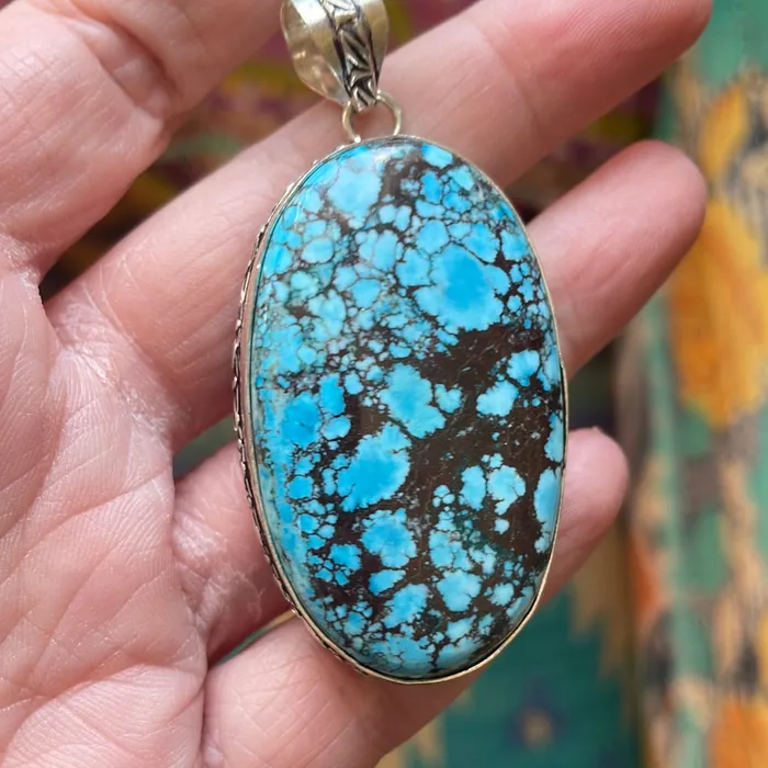 Large Turquoise Pendant Sterling Silver Vintage Love Vintage Paris Necklaces