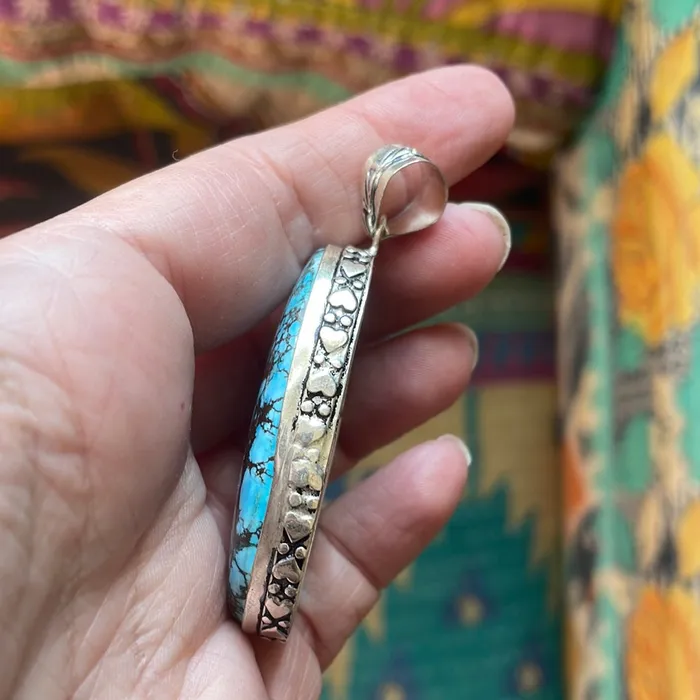 Large Turquoise Pendant Sterling Silver Vintage Love Vintage Paris Necklaces