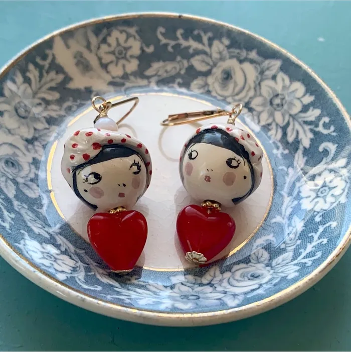 Love Vintage Paris Parisian Lady Earrings Porcelain and Glass Gold Filled Handmade Earrings