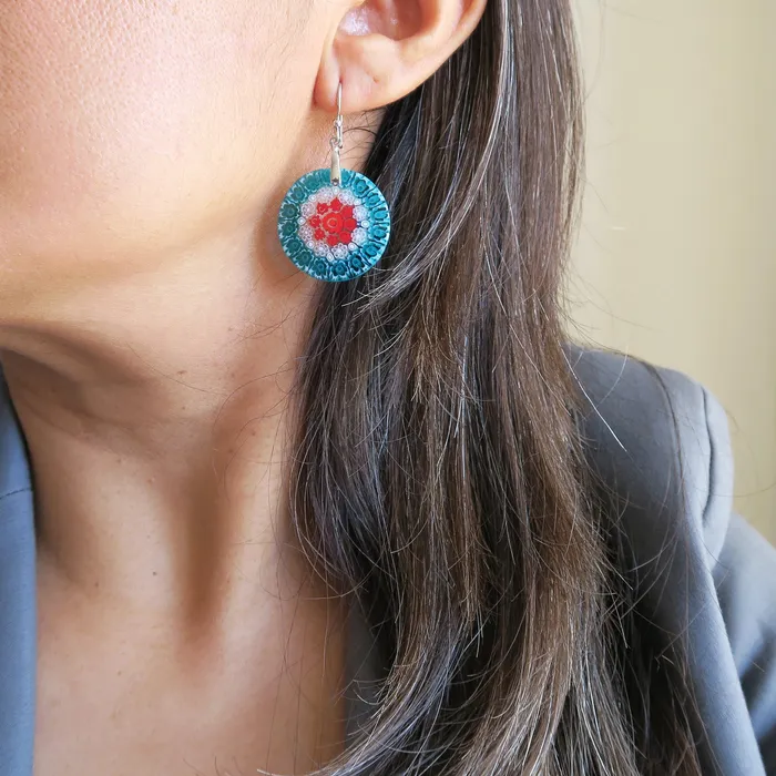 Murano glass Multicolor Green round earrings Millefiori Vianello Nadia Murrine di Trebbi Davide Earrings