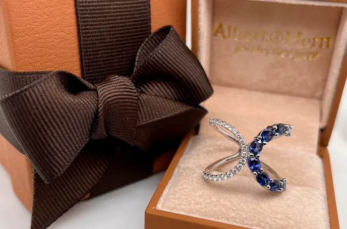 Rings Albert Hern Ring 18kt Gold CrissCross Blue Sapphires Diamonds Rings Albert Hern Ring 18kt Gold CrissCross Blue Sapphires Diamonds