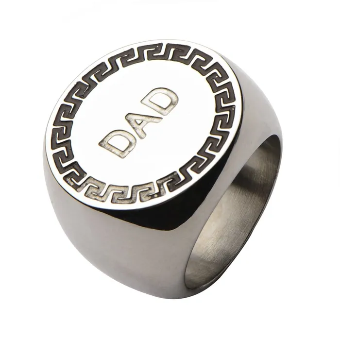 Rings INOX JEWELRY Silver Tone Stainless Steel Engraved DAD Round Greek Key Ring