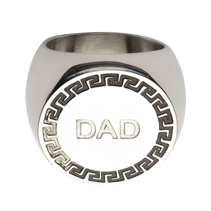 Rings INOX JEWELRY Silver Tone Stainless Steel Engraved DAD Round Greek Key Ring