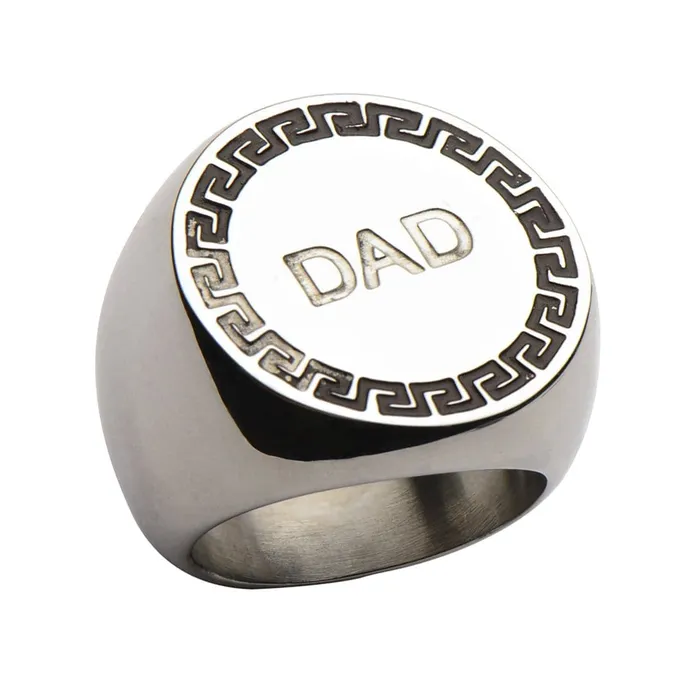 Rings INOX JEWELRY Silver Tone Stainless Steel Engraved DAD Round Greek Key Ring