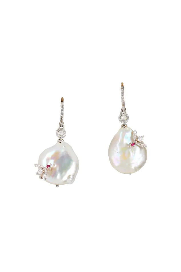 Sharon Khazzam Earrings Pearl Diamond Bee Earrings