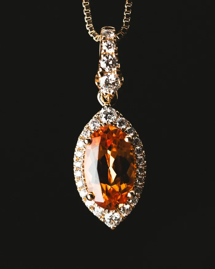 Stanton Necklaces 14k Yellow Gold Marquise Spessartite Garnet and Diamond Pendant Stanton Necklaces 14k Yellow Gold Marquise Spessartite Garnet and Diamond Pendant