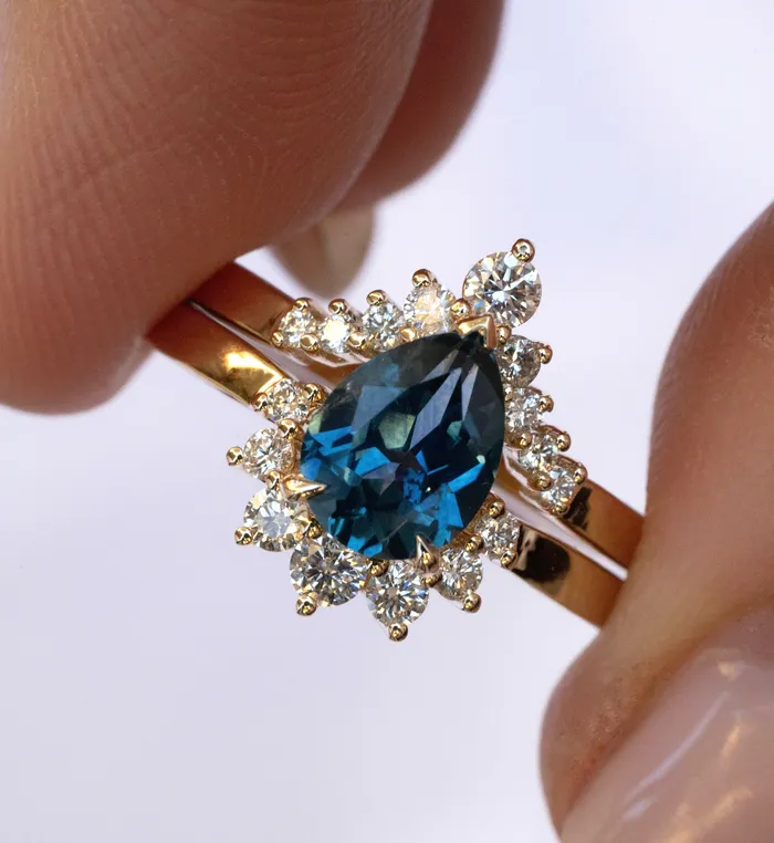 Teal Montana Sapphire and Diamond Engagement Ring SetDiamond Halo Nesting Engagement Ring 14K Gold Albrecht Jewellery Rings Teal Montana Sapphire and Diamond Engagement Ring SetDiamond Halo Nesting Engagement Ring 14K Gold Albrecht Jewellery Rings