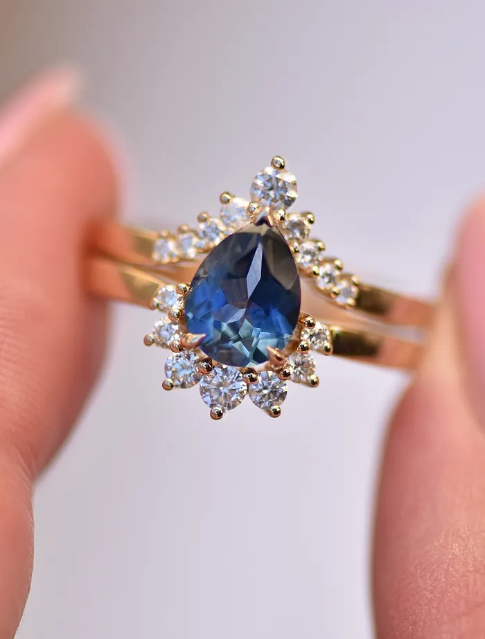 Teal Montana Sapphire and Diamond Engagement Ring SetDiamond Halo Nesting Engagement Ring 14K Gold Albrecht Jewellery Rings Teal Montana Sapphire and Diamond Engagement Ring SetDiamond Halo Nesting Engagement Ring 14K Gold Albrecht Jewellery Rings