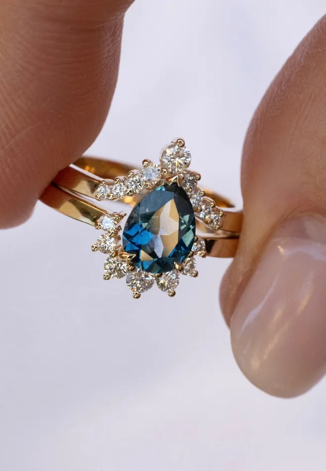 Teal Montana Sapphire and Diamond Engagement Ring SetDiamond Halo Nesting Engagement Ring 14K Gold Albrecht Jewellery Rings Teal Montana Sapphire and Diamond Engagement Ring SetDiamond Halo Nesting Engagement Ring 14K Gold Albrecht Jewellery Rings
