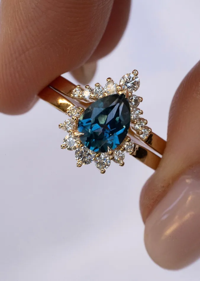 Teal Montana Sapphire and Diamond Engagement Ring SetDiamond Halo Nesting Engagement Ring 14K Gold Albrecht Jewellery Rings Teal Montana Sapphire and Diamond Engagement Ring SetDiamond Halo Nesting Engagement Ring 14K Gold Albrecht Jewellery Rings