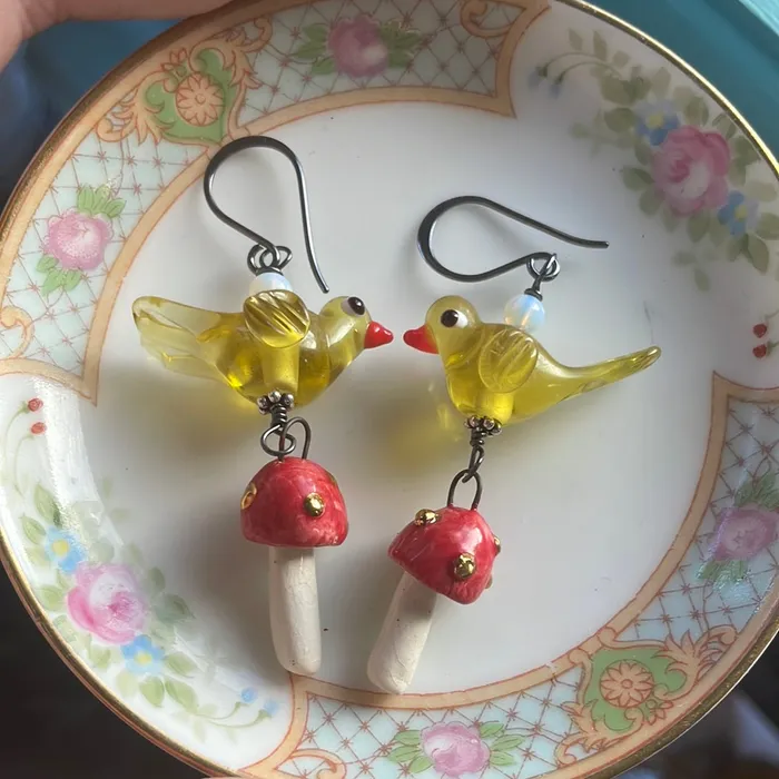 Vintage Paris Jewelry Earrings Bird Mushroom Earrings Sterling Silver Handmade Vintage Paris Jewelry Earrings Bird Mushroom Earrings Sterling Silver Handmade