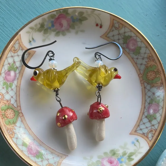 Vintage Paris Jewelry Earrings Bird Mushroom Earrings Sterling Silver Handmade Vintage Paris Jewelry Earrings Bird Mushroom Earrings Sterling Silver Handmade