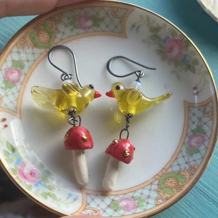 Vintage Paris Jewelry Earrings Bird Mushroom Earrings Sterling Silver Handmade Vintage Paris Jewelry Earrings Bird Mushroom Earrings Sterling Silver Handmade
