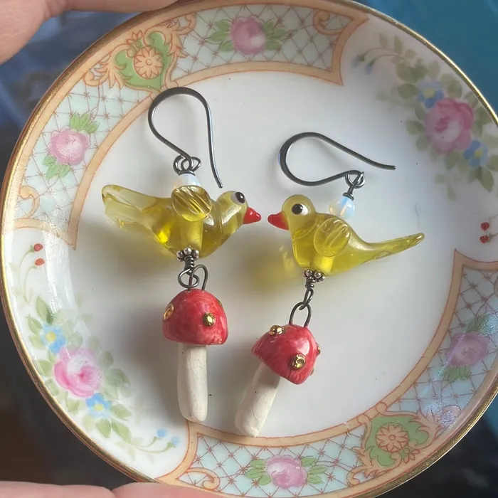 Vintage Paris Jewelry Earrings Bird Mushroom Earrings Sterling Silver Handmade Vintage Paris Jewelry Earrings Bird Mushroom Earrings Sterling Silver Handmade