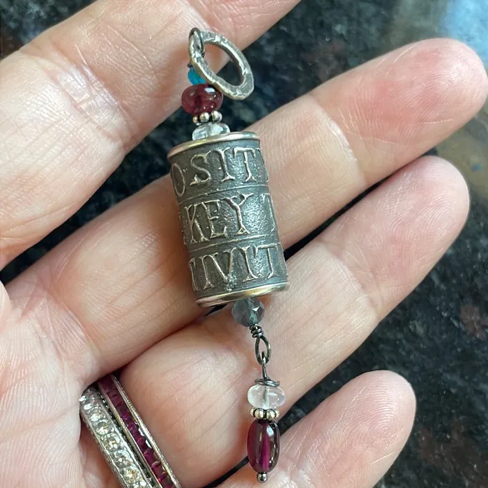 Vintage Paris Jewelry Necklaces Curiosity is the Key to Creativity Pendant Moonstone Garnet Fluorite and Apatite Sterling Silver Vintage