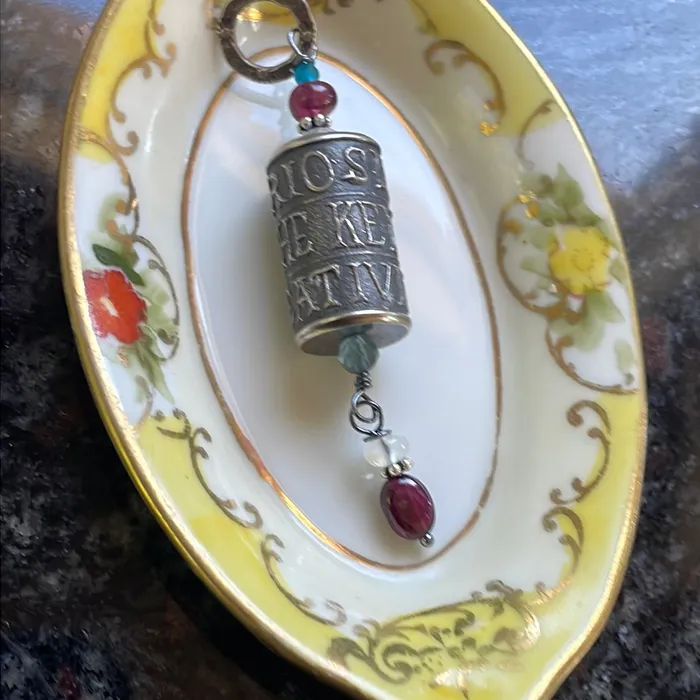 Vintage Paris Jewelry Necklaces Curiosity is the Key to Creativity Pendant Moonstone Garnet Fluorite and Apatite Sterling Silver Vintage