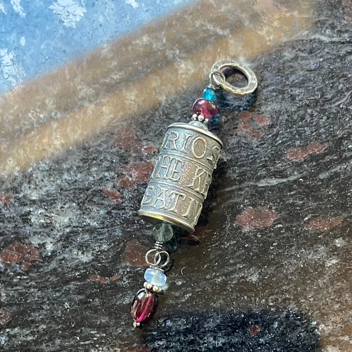 Vintage Paris Jewelry Necklaces Curiosity is the Key to Creativity Pendant Moonstone Garnet Fluorite and Apatite Sterling Silver Vintage