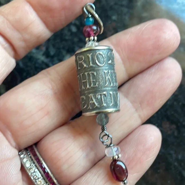 Vintage Paris Jewelry Necklaces Curiosity is the Key to Creativity Pendant Moonstone Garnet Fluorite and Apatite Sterling Silver Vintage