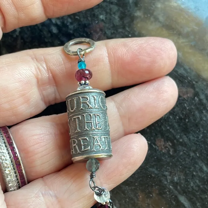 Vintage Paris Jewelry Necklaces Curiosity is the Key to Creativity Pendant Moonstone Garnet Fluorite and Apatite Sterling Silver Vintage