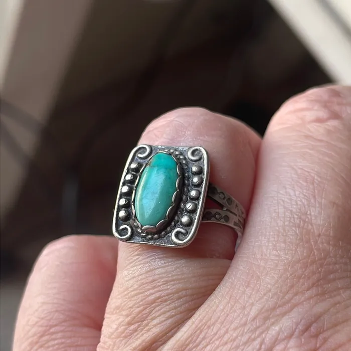 Vintage Paris Jewelry Rings Turquoise Ring Ornate Sterling Silver Harvey Era Vintage