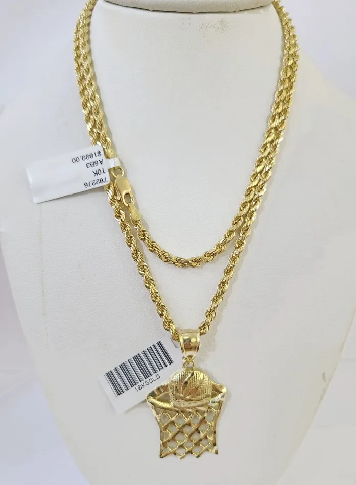 10k Gold Basketball Goal Pendant Rope Chain 3mm 22 Necklace Set Yellow Genuine Gold and Diamond Necklaces 10k Gold Basketball Goal Pendant Rope Chain 3mm 22 Necklace Set Yellow Genuine Gold and Diamond Necklaces