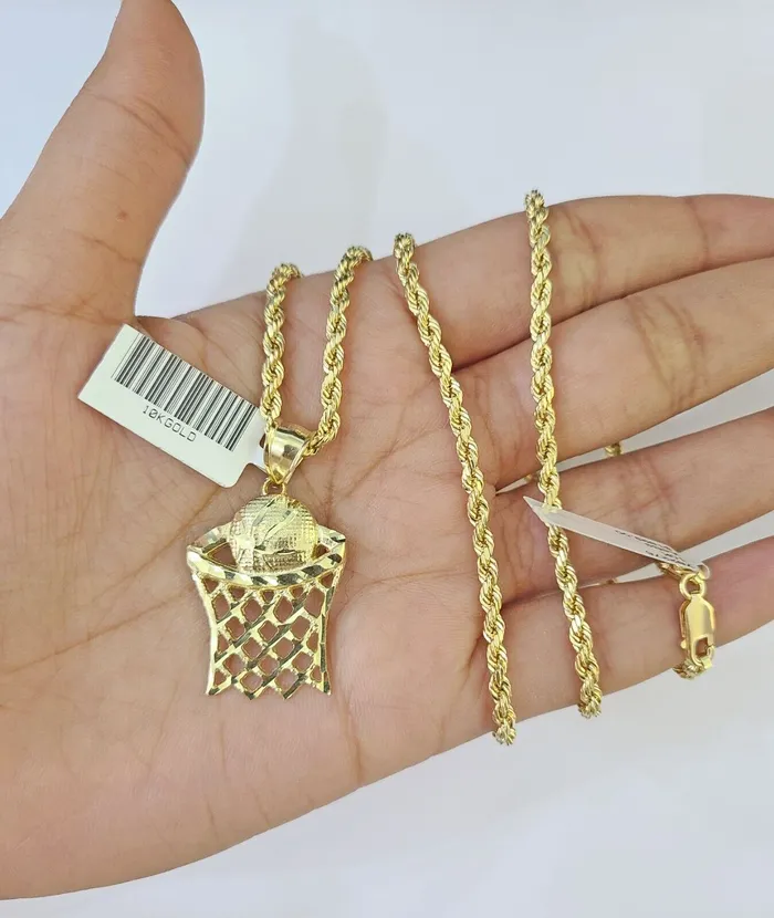 10k Gold Basketball Goal Pendant Rope Chain 3mm 22 Necklace Set Yellow Genuine Gold and Diamond Necklaces
