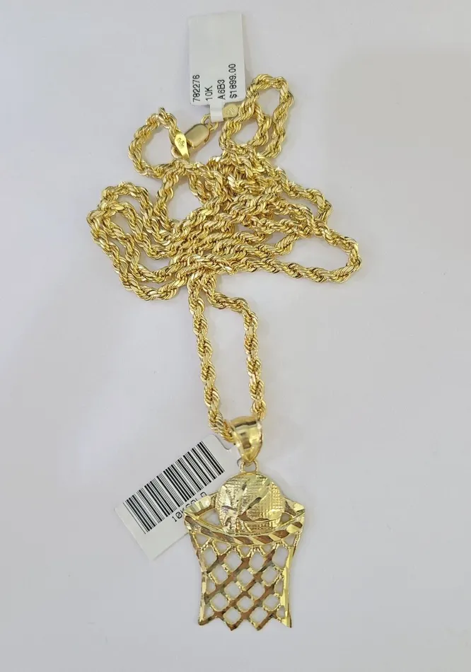 10k Gold Basketball Goal Pendant Rope Chain 3mm 22 Necklace Set Yellow Genuine Gold and Diamond Necklaces