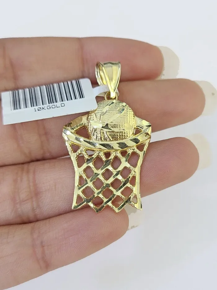 10k Gold Basketball Goal Pendant Rope Chain 3mm 22 Necklace Set Yellow Genuine Gold and Diamond Necklaces