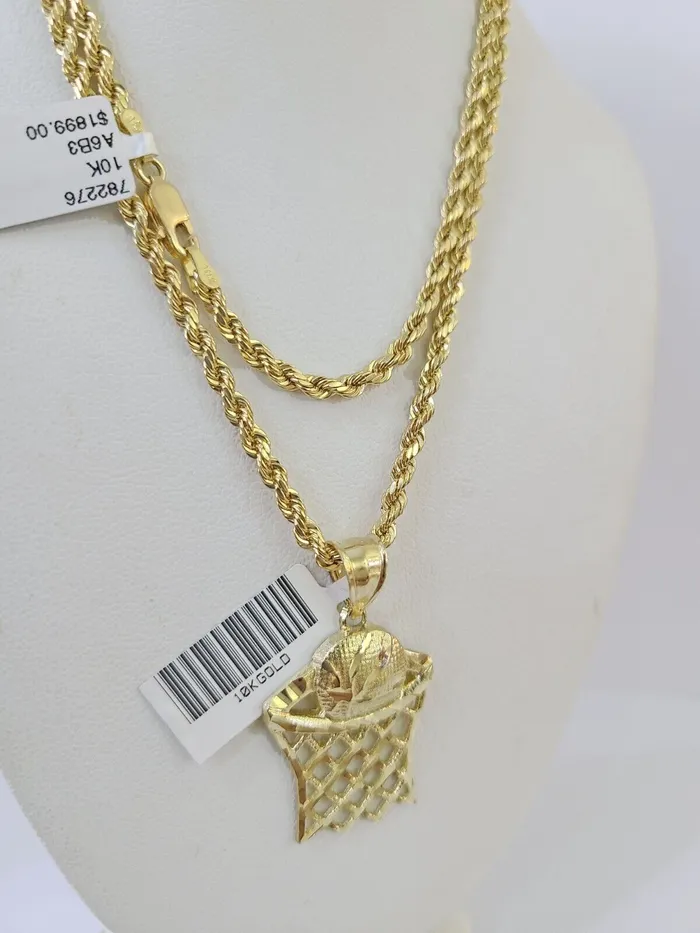 10k Gold Basketball Goal Pendant Rope Chain 3mm 22 Necklace Set Yellow Genuine Gold and Diamond Necklaces