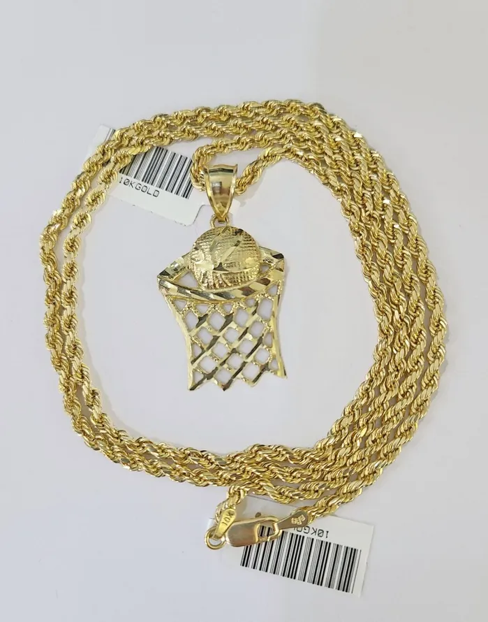 10k Gold Basketball Goal Pendant Rope Chain 3mm 22 Necklace Set Yellow Genuine Gold and Diamond Necklaces