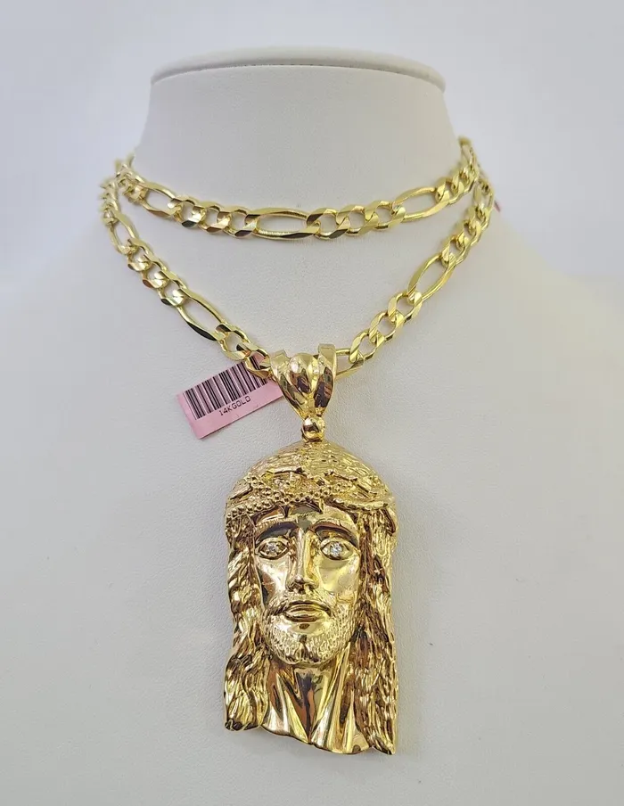 14k Figaro Chain Jesus Head Charm Pendant Gold 7mm 2030 inch SET Necklace Gold and Diamond Necklaces 14k Figaro Chain Jesus Head Charm Pendant Gold 7mm 2030 inch SET Necklace Gold and Diamond Necklaces