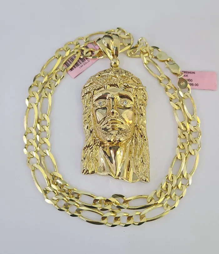 14k Figaro Chain Jesus Head Charm Pendant Gold 7mm 2030 inch SET Necklace Gold and Diamond Necklaces