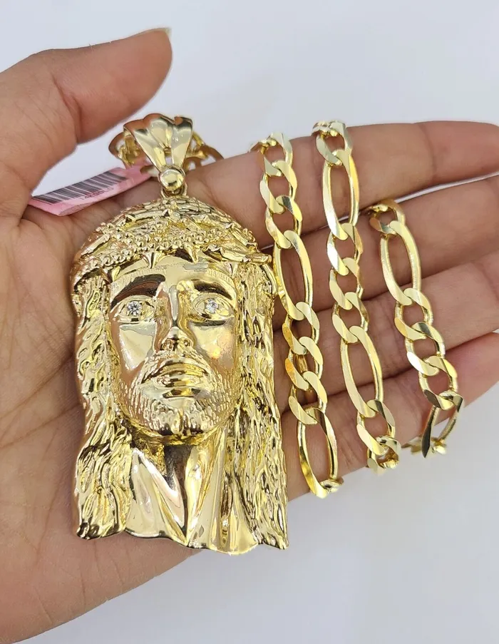 14k Figaro Chain Jesus Head Charm Pendant Gold 7mm 2030 inch SET Necklace Gold and Diamond Necklaces