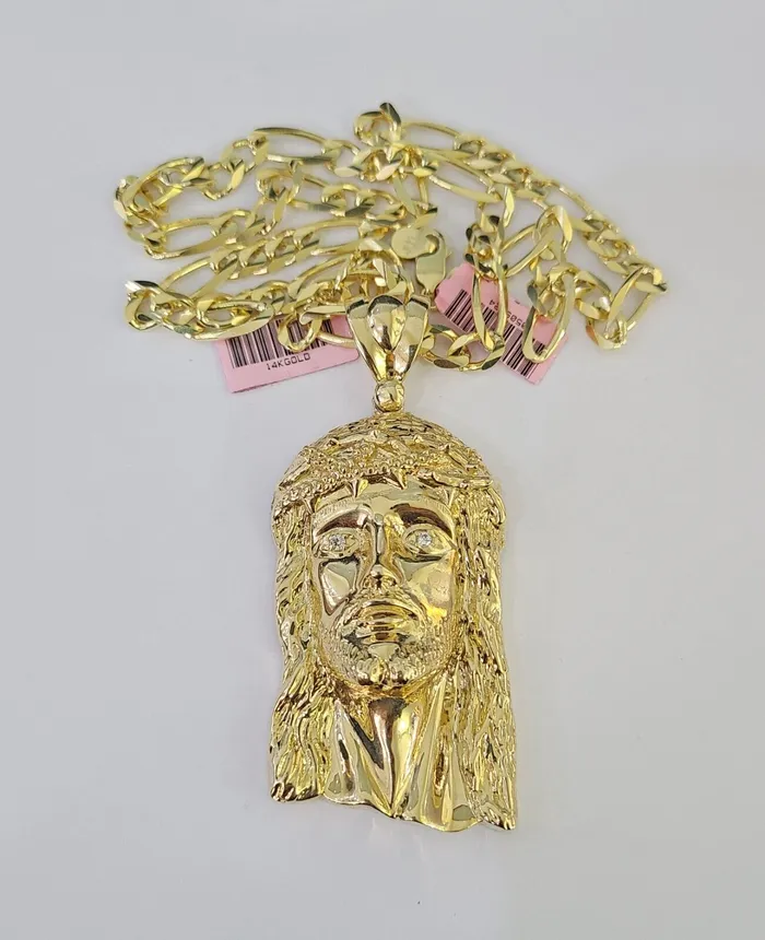 14k Figaro Chain Jesus Head Charm Pendant Gold 7mm 2030 inch SET Necklace Gold and Diamond Necklaces