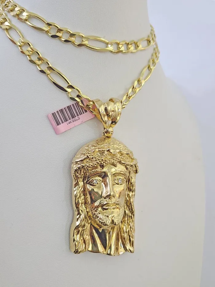 14k Figaro Chain Jesus Head Charm Pendant Gold 7mm 2030 inch SET Necklace Gold and Diamond Necklaces